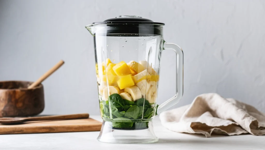Mid-blend action shot of Island Green Smoothie in a high-powered blender, vibrant green mixture swirling