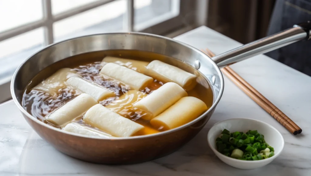 Soaking frozen Korean rice cakes tteok in warm water for perfect chewy texture