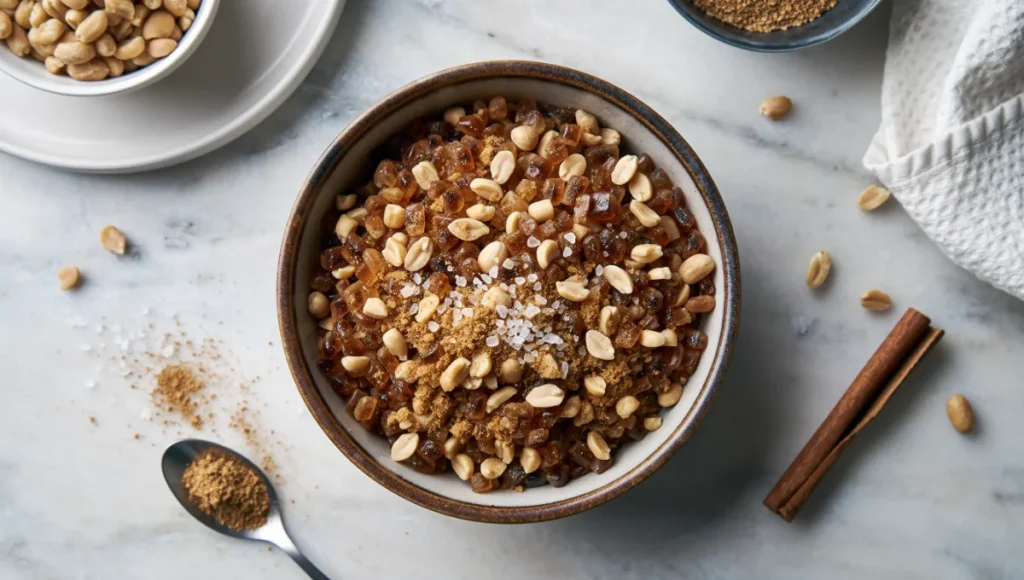 Mixed brown sugar cinnamon and crushed nuts filling for Korean hotteok pancakes