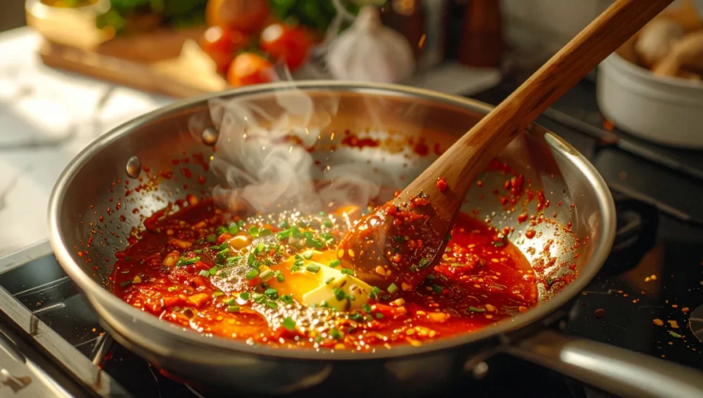 Melting butter with garlic and gochujang in skillet creating glossy spicy sauce for Korean noodles