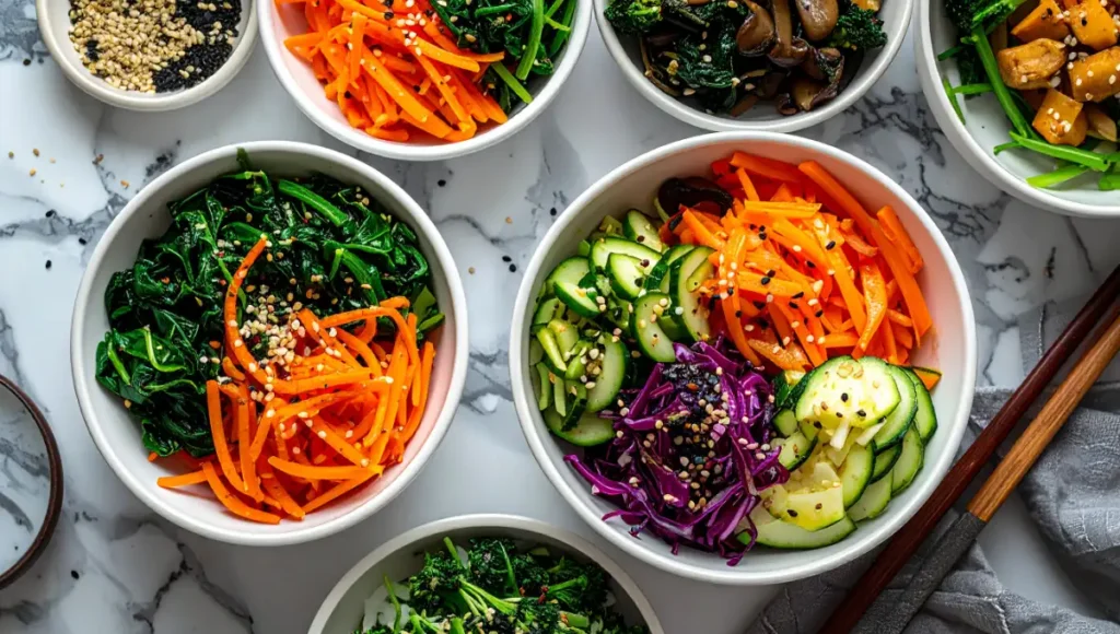 Overhead flat lay of colorful prepped bibimbap vegetables in separate bowls including spinach, carrots, zucchini, and mushrooms