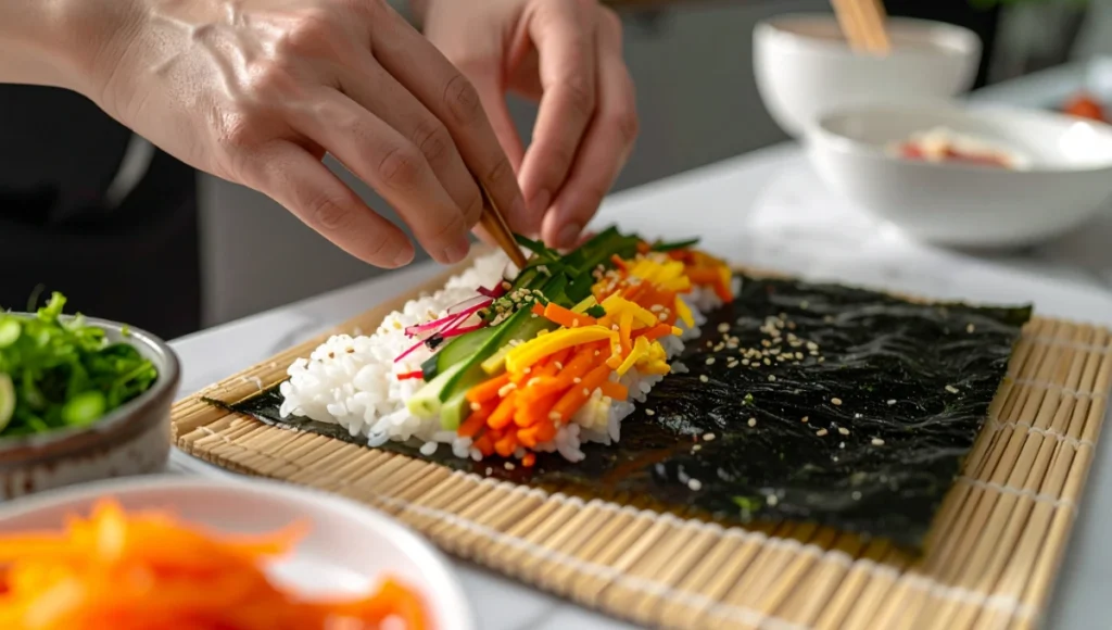 Assembling colorful fillings on seasoned rice spread over seaweed sheet for homemade kimbap, step-by-step preparation on bamboo mat