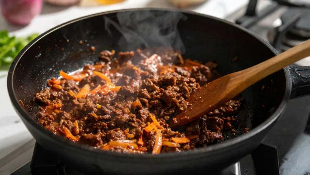 Sizzling ground beef bulgogi cooking in cast-iron skillet with caramelized edges and vegetables