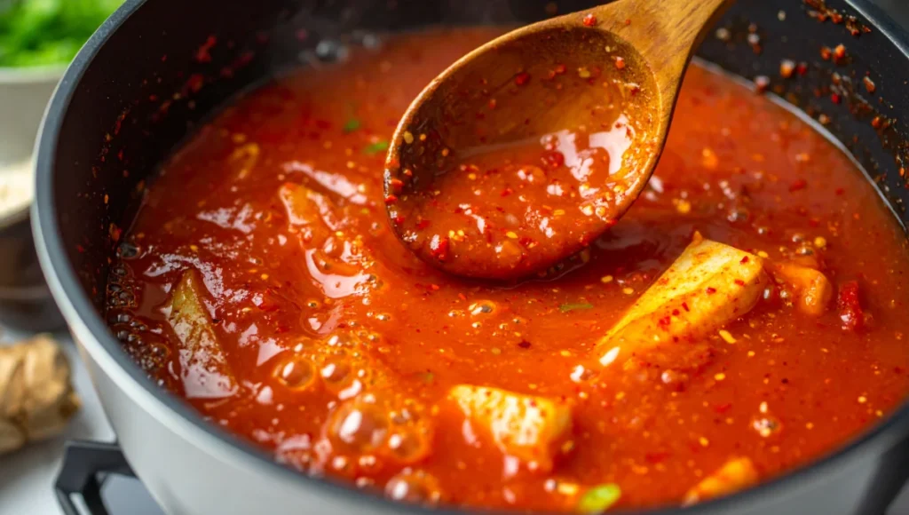 Stirring gochujang and chili sauces into simmering broth for authentic maeun ramyeon, close-up action shot