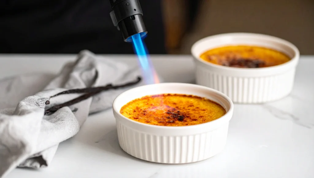 Perfectly caramelized crème brûlée with torch in elegant kitchen setting
