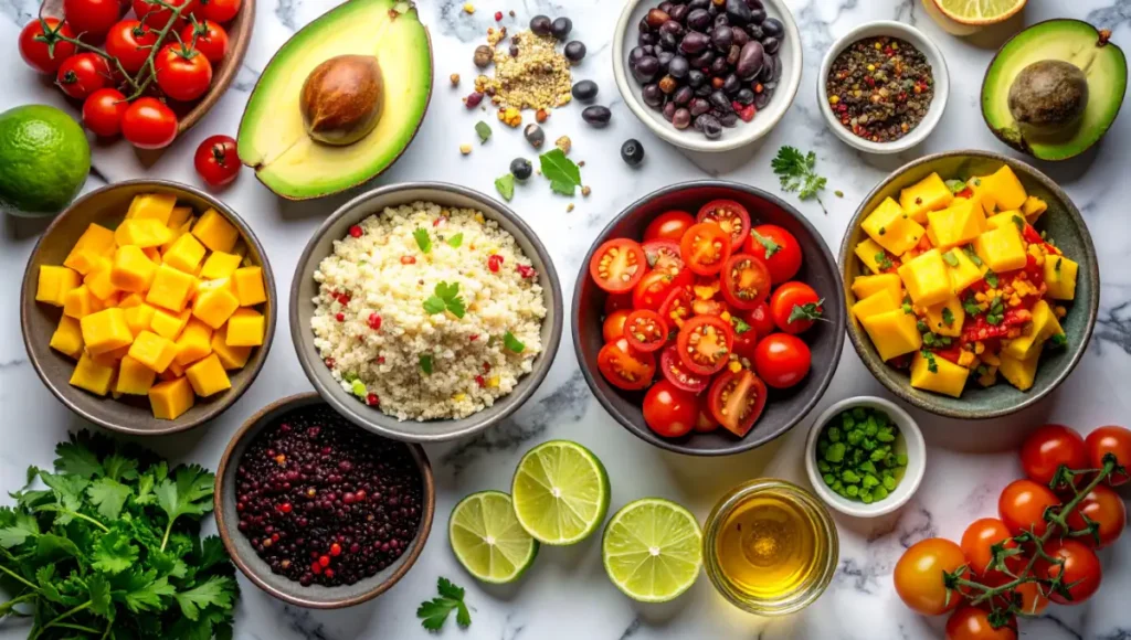 Overhead flat lay of fresh ingredients for colorful quinoa salads including avocado, mango, roasted vegetables, and black beans