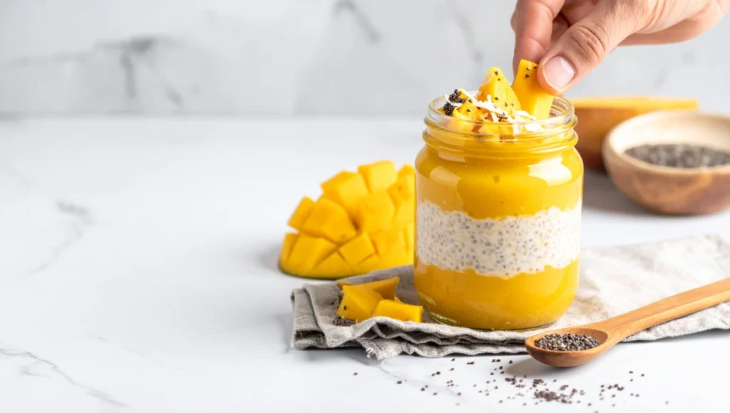 Adding fresh mango slices and toasted coconut toppings to tropical blended overnight oats in mason jar close-up