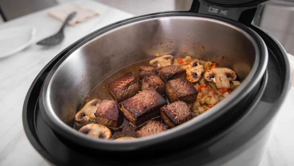 Browning beef with mushrooms and onions in Instant Pot for quick Beef Stroganoff