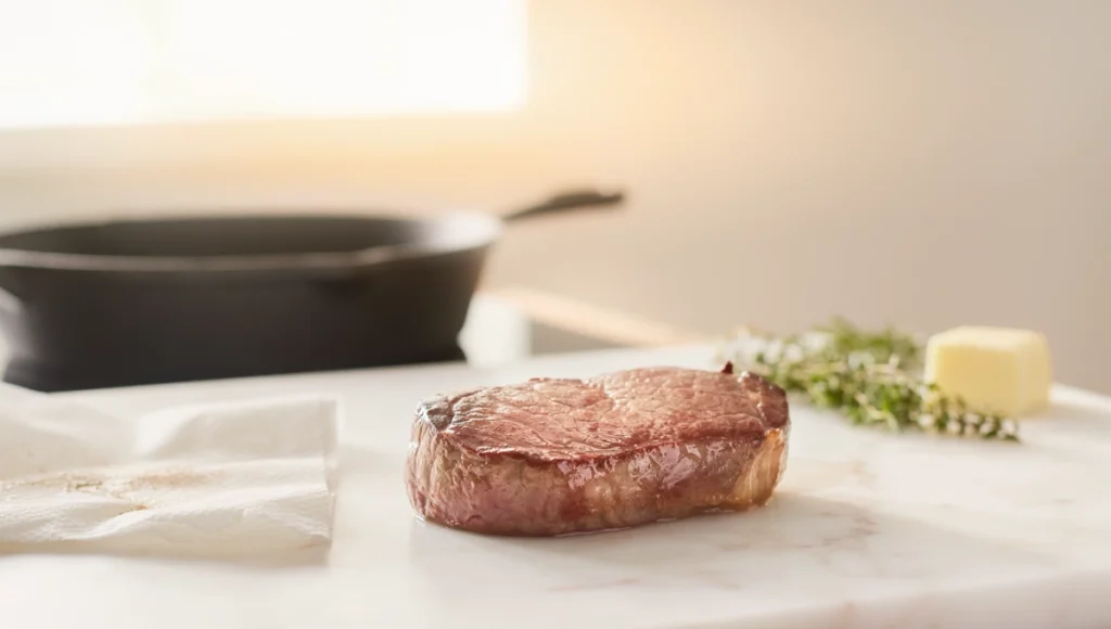 Sous vide sirloin steak patted dry after cooking ready for searing with even pink interior