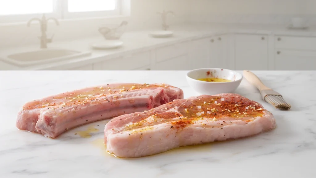 Seasoned thin bone-in pork chops coated in olive oil and spice blend ready for air frying