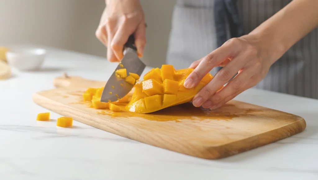 Hands dicing juicy ripe mango on cutting board for homemade smoothie preparation, close-up food photography