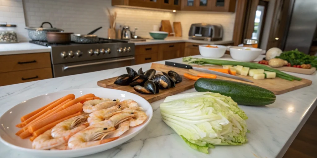 Fresh seafood and vegetables ready for Haemul Jeongol, arranged on a clean white marble countertop in a modern kitchen.