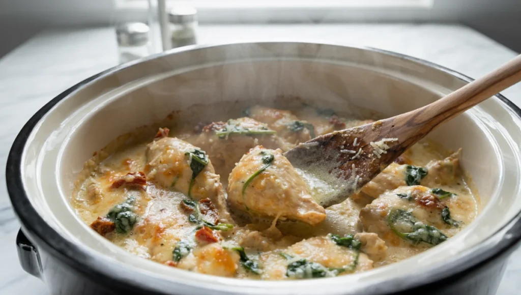 Creamy Parmesan sauce being stirred into Tuscan chicken in slow cooker, showing rich glossy texture with spinach and sun-dried tomatoes