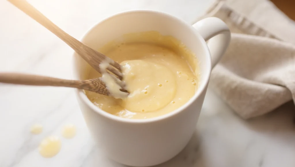 Smooth lump-free vanilla mug cake batter mixed in white ceramic mug with fork, preparation step
