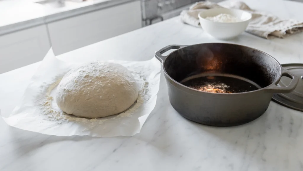 Shaped round loaf of no-knead bread dough on parchment ready for preheated Dutch oven