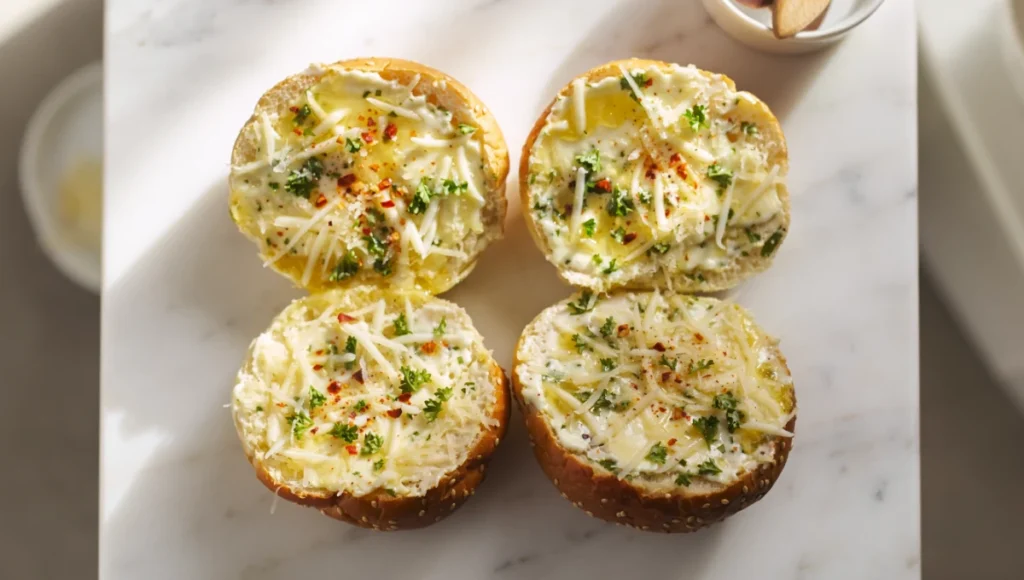 Hamburger bun halves assembled with garlic butter and topped with shredded mozzarella and Parmesan cheese ready for baking