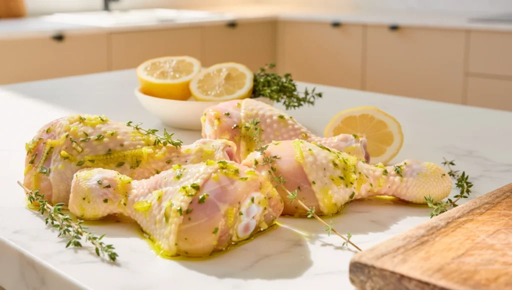 Fresh lemon herb marinade coating chicken drumsticks for light and zesty crockpot recipe