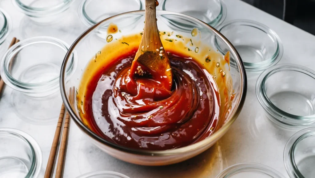 Close-up stirring glossy homemade yangnyeom sauce in glass bowl with wooden spoon