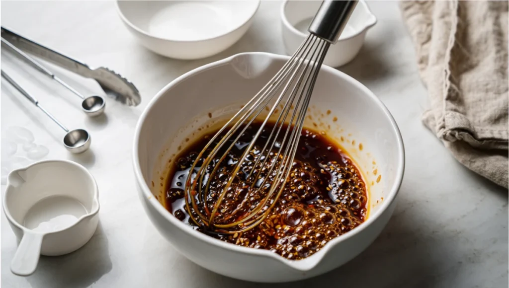 Whisking Bibibop chicken yangnyeom marinade with soy sauce gochujang and garlic in ceramic bowl