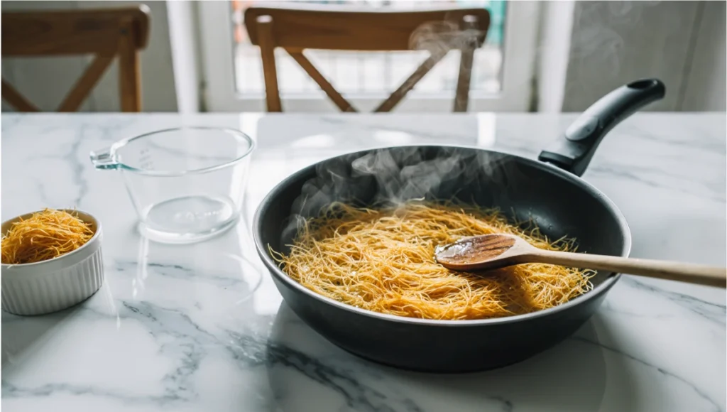 Toasting kunafa in pan with olive oil for healthier Dubai chocolate bar preparation step