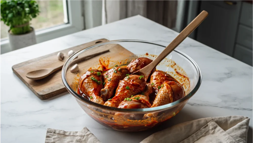 Chicken drumsticks coated in glossy gochujang yangnyeom marinade in glass bowl on marble countertop