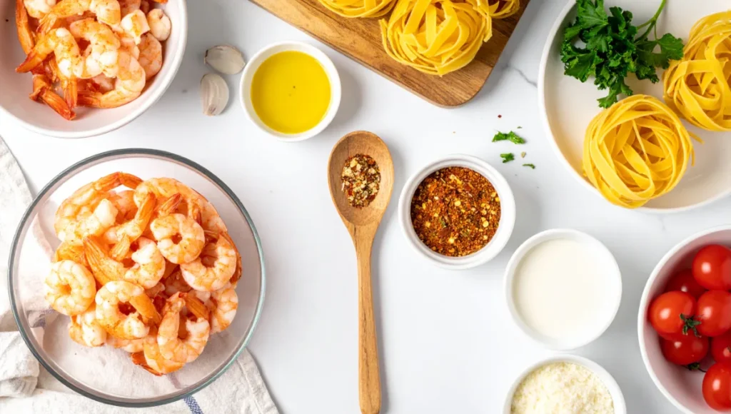 Overhead mise en place of ingredients for quick Cajun shrimp pasta including raw shrimp, cherry tomatoes, garlic, and pasta