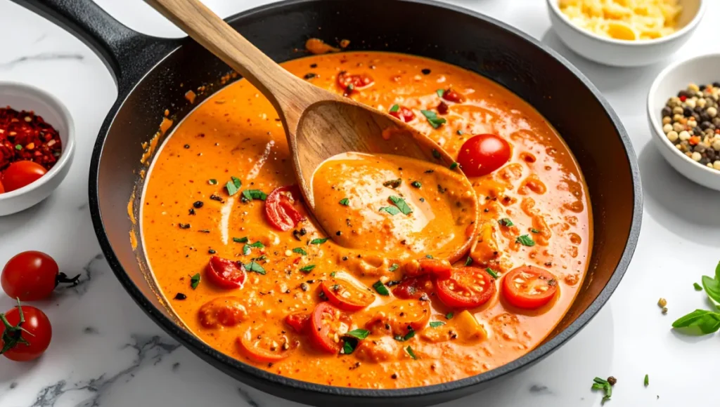 Glossy creamy tomato-garlic sauce for Cajun shrimp pasta simmering in pan with wooden spoon