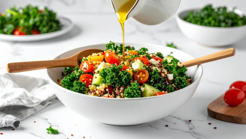 Tossing vibrant Costco-inspired quinoa salad with dressing in large bowl, showing glossy coated ingredients