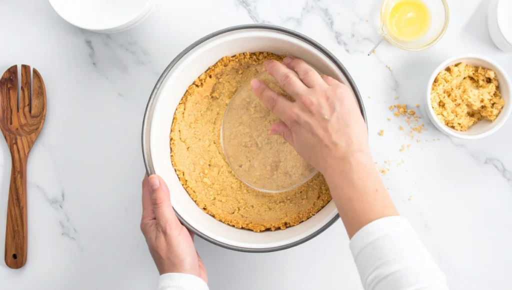 Hands pressing graham cracker crust into springform pan for no-bake cheesecake base