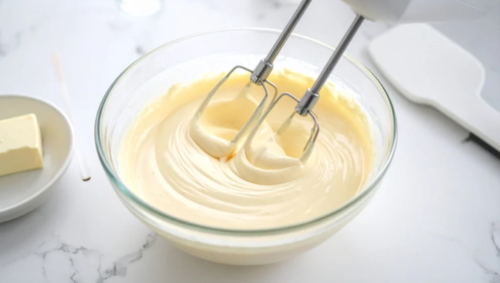 Smooth Philadelphia cream cheese and condensed milk filling mixture in glass bowl