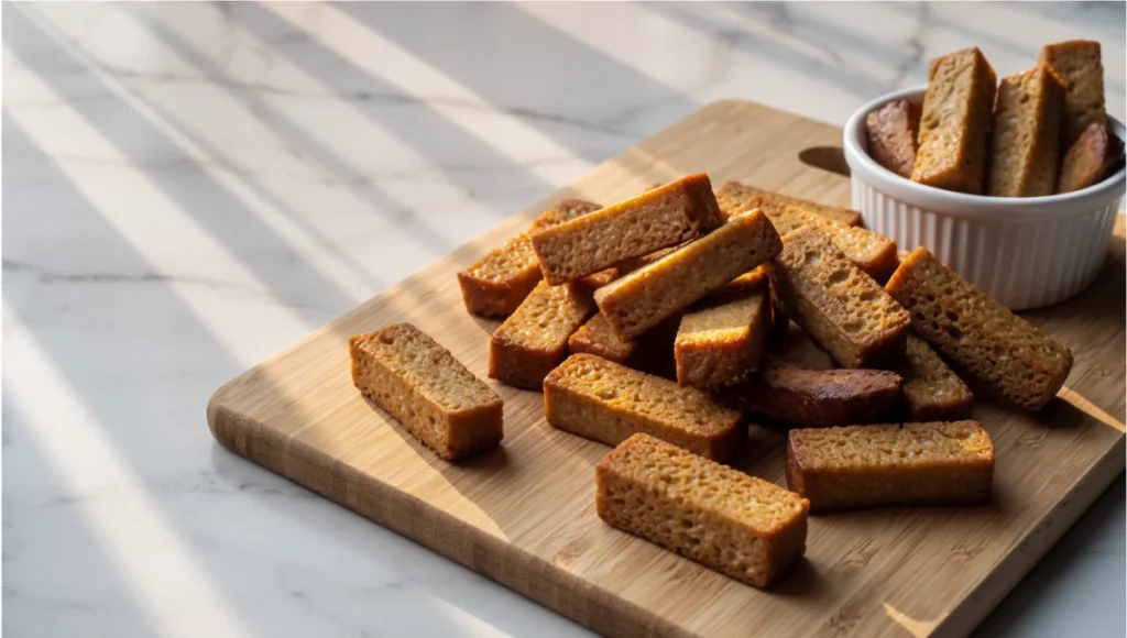 Close-up of golden crispy air fryer tofu croutons showing crunchy texture, healthy homemade vegan crouton alternative