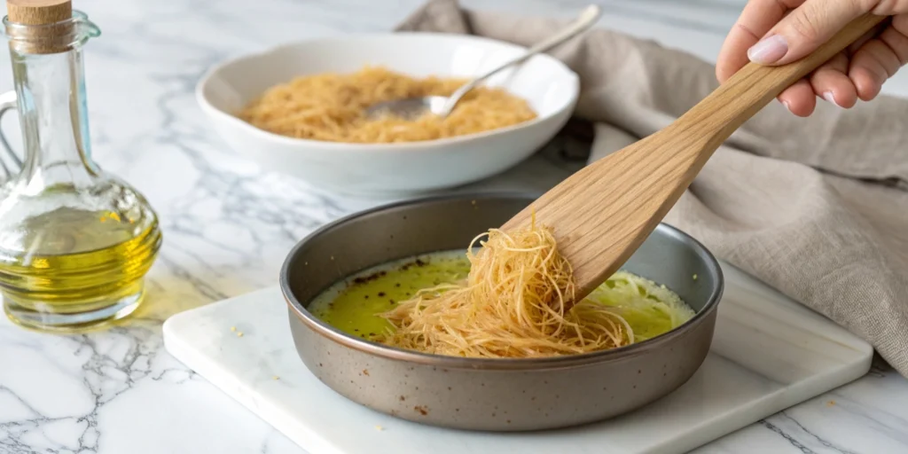 Kunafa strands toasting in a small pan with olive oil on a marble countertop, using a wooden spatula to ensure a golden, crispy texture.