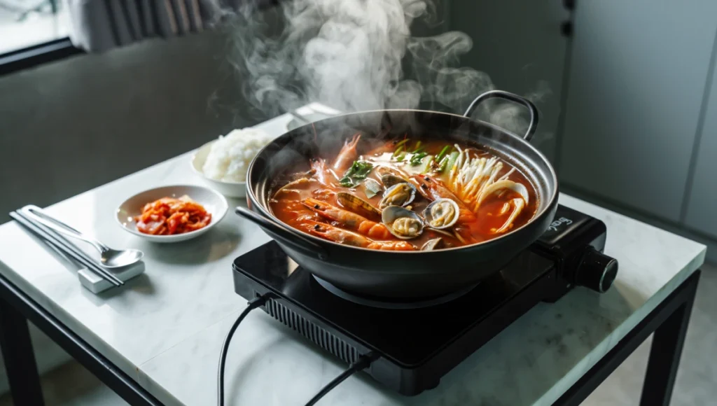 Finished simmering Haemul Jeongol Korean spicy seafood hot pot with tender shrimp, clams, squid, fish, and vegetables in rich red broth, steam rising