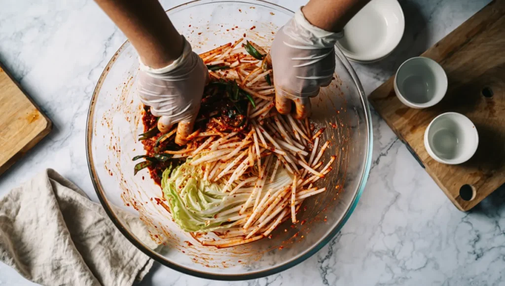 Gloved hands mixing vegetables with red kimchi paste in a bowl during homemade kimchi preparation