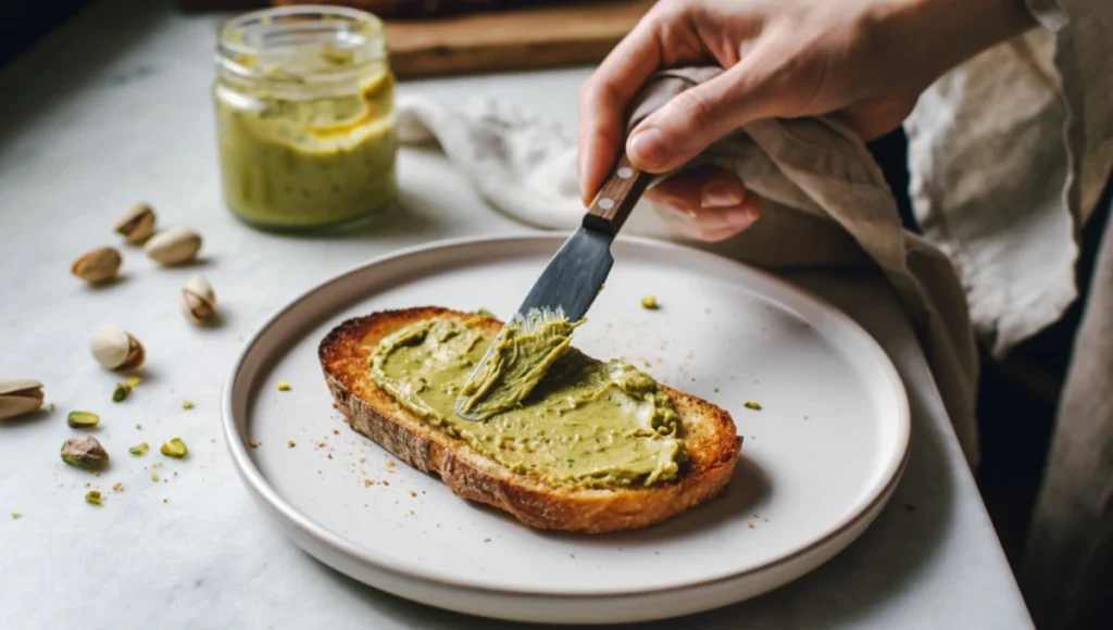 Hand spreading thick homemade pistachio butter on toasted sourdough bread appetizing food photography