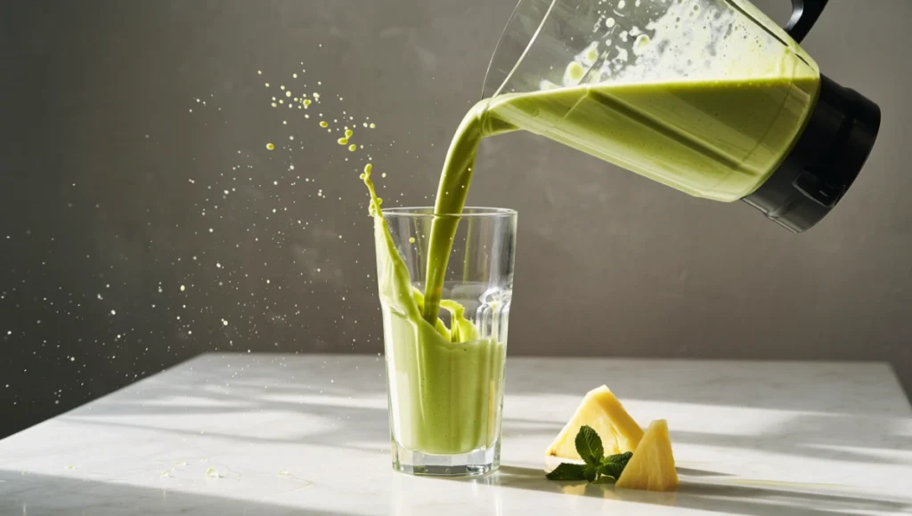 Pouring thick, creamy Island Green Smoothie into a frosty glass on white marble countertop