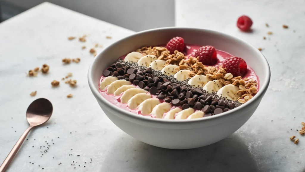Colorful raspberry chocolate chip smoothie bowl topped with granola, banana, and chocolate chips