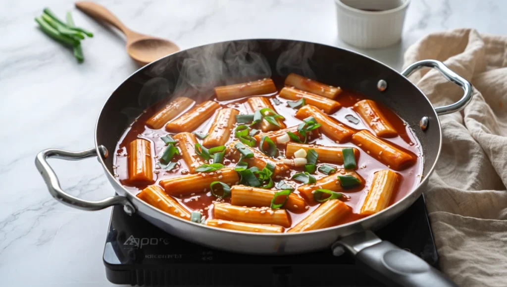Simmering homemade tteokbokki with rice cakes and eomuk fish cakes in rich red sauce
