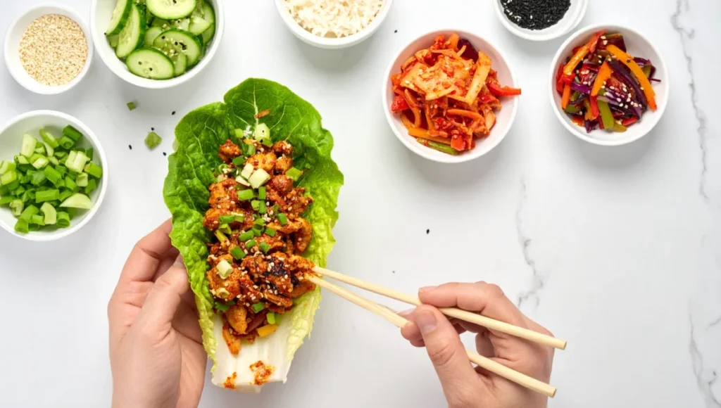 Step-by-step assembly of fresh dakgalbi lettuce wrap with toppings on marble counter