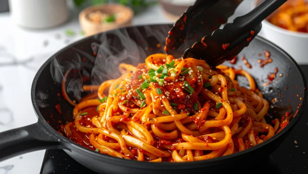 Tossing udon noodles in rich red butter gochujang sauce in pan for quick 5-minute recipe