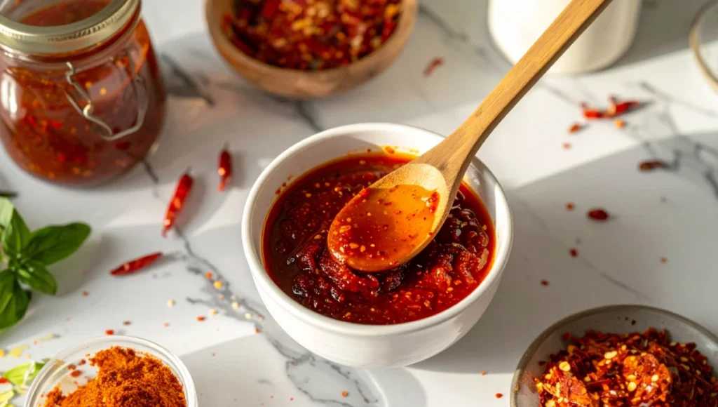 Mixing creamy gochujang sauce with honey and sesame oil in ceramic bowl, ready for bibimbap