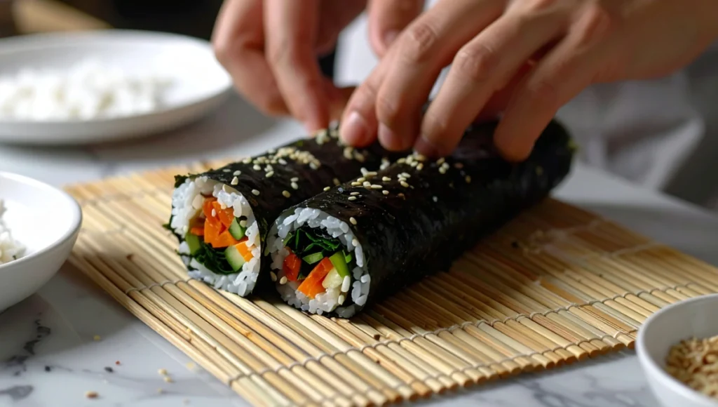Hands rolling tight kimbap roll using bamboo mat, close-up action shot of traditional Korean seaweed rice roll technique
