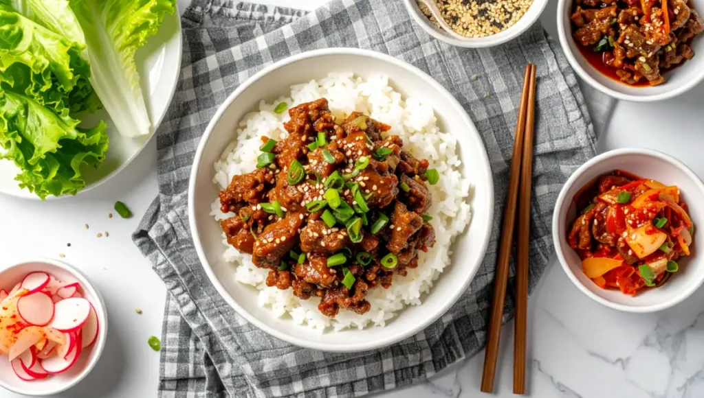 Overhead flat lay of complete ground beef bulgogi meal with rice, lettuce wraps, and Korean side dishes on marble countertop