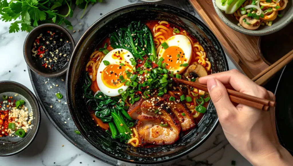 Arranging toppings on spicy ramen including soft-boiled egg, pork belly, mushrooms, and sesame seeds, flat lay styling
