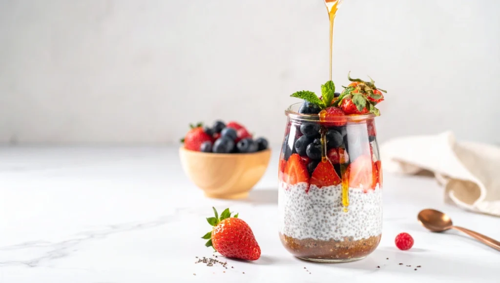 Finished parfait ready to enjoy — layered with creamy chia pudding and colorful fresh berries
