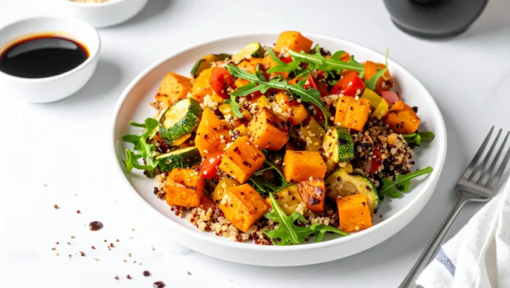 Plated roasted vegetable tri-color quinoa salad with sweet potatoes, zucchini, bell peppers, and balsamic dressing on marble countertop