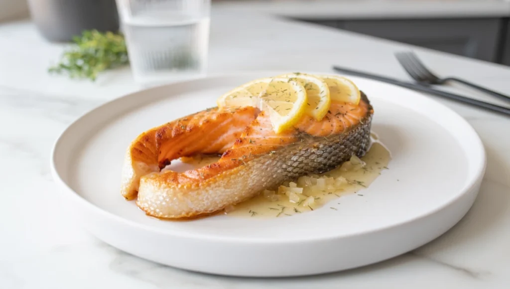 Plated lemon garlic Instant Pot salmon fillet with fresh lemon slices and herbs, healthy and flavorful