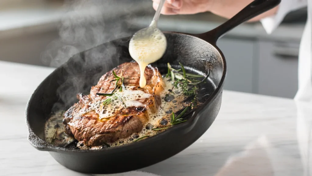 Sirloin steak searing in cast iron skillet with butter basting and fresh herbs for golden crust