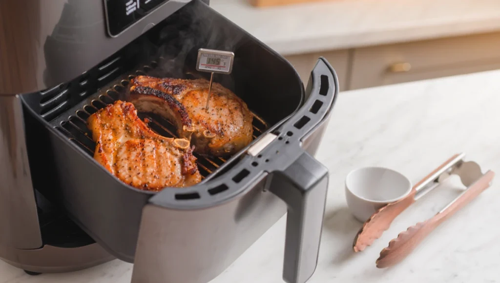 Golden crispy thin bone-in pork chops fresh from the air fryer basket with meat thermometer