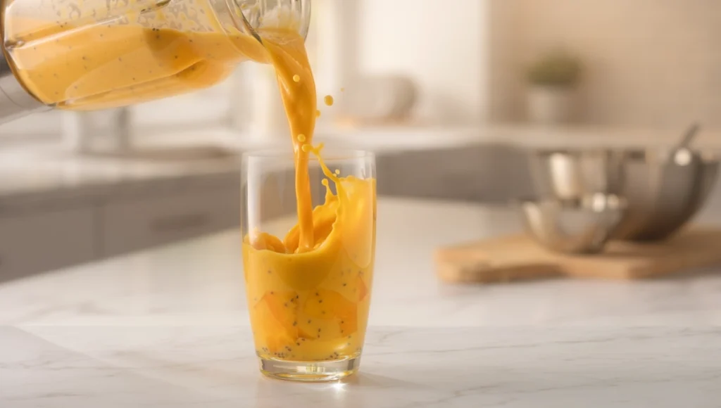 Pouring thick vibrant mango smoothie from blender into glass, action shot with creamy texture on modern kitchen countertop